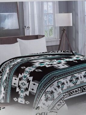 King size super soft Flannel blanket thick cozy Aztec print  turquoise black
